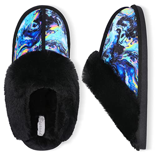 Besroad Winter Fuzzy Hausschuhe Sandalen Plüsch Kunstfell Flauschige Flache Hausschuhe Warme Slide Schuhe für Damen, Buntes Blau, 10-11 von Besroad