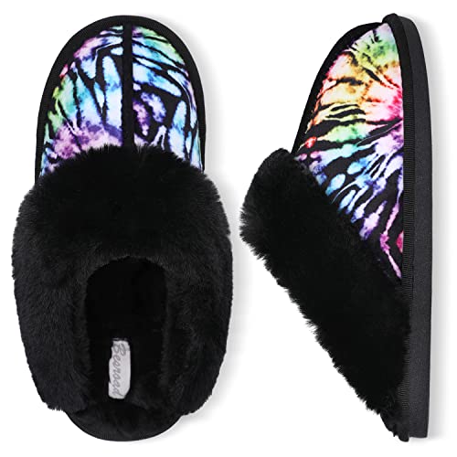 Besroad Winter Fuzzy Hausschuhe Sandalen Plüsch Kunstfell Flauschige Flache Hausschuhe Warme Slide Schuhe für Damen, Buntes Violett, 8-9 von Besroad
