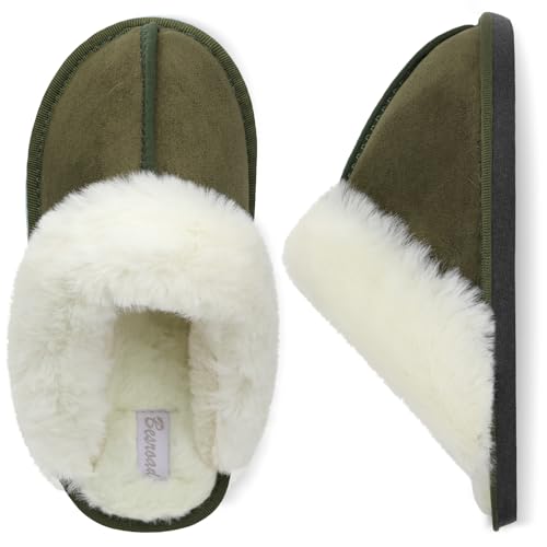 Besroad Winter Fuzzy Hausschuhe Sandalen Plüsch Kunstfell Flauschige Flache Hausschuhe Warme Slide Schuhe für Damen, Dunkelgrün, 11.5-12.5 von Besroad