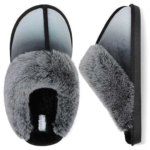 Besroad Winter Fuzzy Hausschuhe Sandalen Plüsch Kunstfell Flauschige Flache Hausschuhe Warme Slide Schuhe für Damen, Farbverlauf schwarz, 10-11 von Besroad