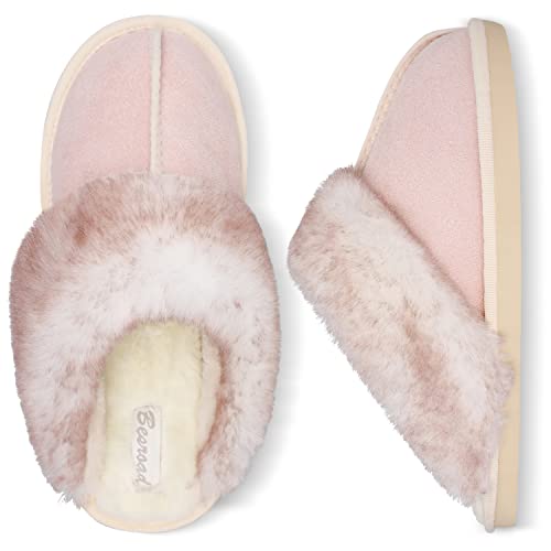 Besroad Winter Fuzzy Hausschuhe Sandalen Plüsch Kunstfell Flauschige Flache Hausschuhe Warme Slide Schuhe für Damen, Helles Pink, 10-11 von Besroad