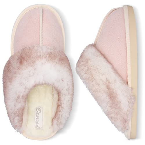 Besroad Winter Fuzzy Hausschuhe Sandalen Plüsch Kunstfell Flauschige Flache Hausschuhe Warme Slide Schuhe für Damen, Helles Pink, 11.5-12.5 von Besroad
