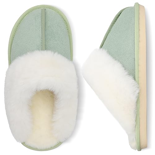 Besroad Winter Fuzzy Hausschuhe Sandalen Plüsch Kunstfell Flauschige Flache Hausschuhe Warme Slide Schuhe für Damen, Hellgrün, 11.5-12.5 von Besroad
