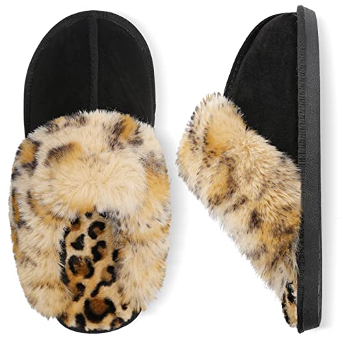 Besroad Winter Fuzzy Hausschuhe Sandalen Plüsch Kunstfell Flauschige Flache Hausschuhe Warme Slide Schuhe für Damen, Schwarz Leopard, 11.5-12.5 von Besroad