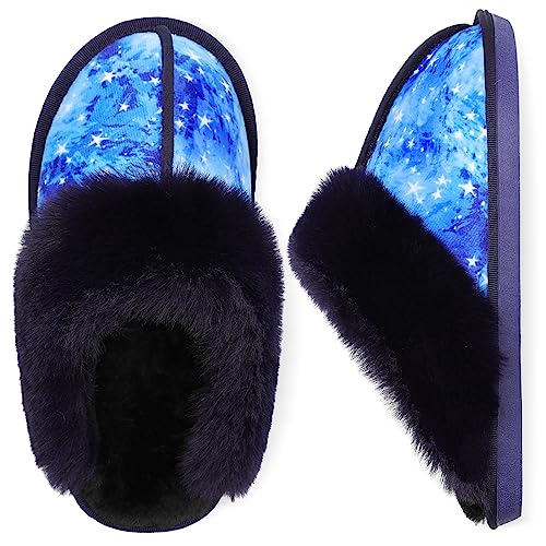 Besroad Winter Fuzzy Hausschuhe Sandalen Plüsch Kunstfell Flauschige Flache Hausschuhe Warme Slide Schuhe für Damen, Sternenhimmel, 10-11 von Besroad