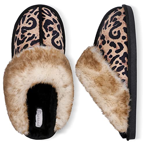Besroad Winter Fuzzy Hausschuhe Sandalen Plüsch Kunstfell Flauschige Flache Hausschuhe Warme Slide Schuhe für Damen, braun (leopardenmuster), 6-7 von Besroad