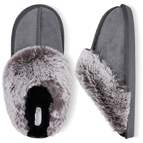 Besroad Winter Fuzzy Hausschuhe Sandalen Plüsch Kunstfell Flauschige Flache Hausschuhe Warme Slide Schuhe für Damen, grau dunkel, 10-11 von Besroad
