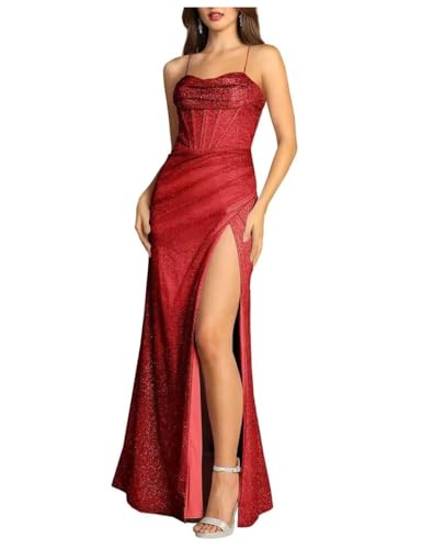 BessDress Glitzer Lang Ballkleid mit hohem Schlitz Spaghettiträger Cocktailkleid Meerjungfrau Abendkleid PM243, rot (a), 36 von BessDress