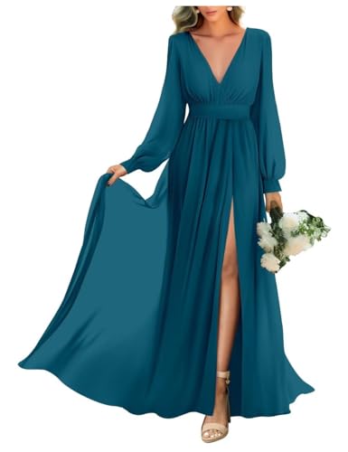 BessDress Langärmeliges Brautjungfernkleid mit hohem Schlitz, Chiffon, langes Ballkleid, A-Linie, formelles Kleid, BS237, A-Pfau, 52 von BessDress