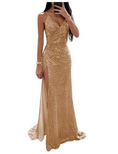 BessDress PM261 Pailletten-Abschlussballkleid mit Schlitz, Spaghettiträgern, formelles Kleid, Meerjungfrau, langes Cocktailkleid, B-Gold, 42 von BessDress