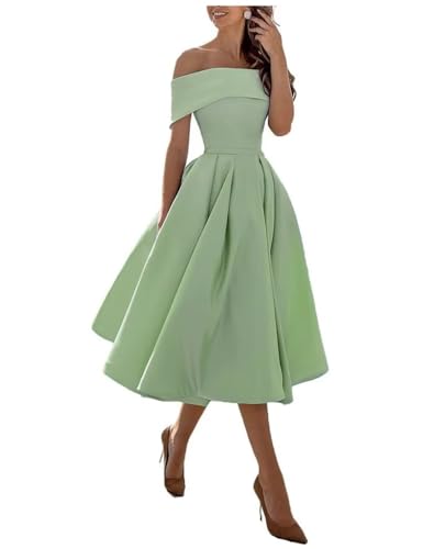 BessDress Schulterfreies Brautjungfernkleid mit Taschen, A-Linie, Midi-Heimkehrkleid, Satin-Cocktailkleid, BS234, A-Salage, 34 von BessDress