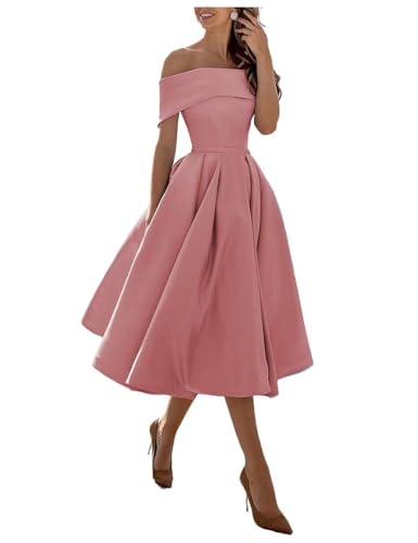 BessDress Schulterfreies Brautjungfernkleid mit Taschen, A-Linie, Midi-Heimkehrkleid, Satin-Cocktailkleid, BS234, A-dusty Pink, 48 von BessDress