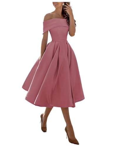 BessDress Schulterfreies Brautjungfernkleid mit Taschen, A-Linie, Midi-Heimkehrkleid, Satin-Cocktailkleid, BS234, A-dusty Rose, 48 von BessDress