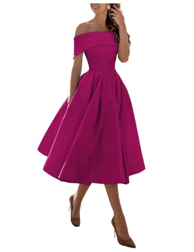 BessDress Schulterfreies Brautjungfernkleid mit Taschen, A-Linie, Midi-Heimkehrkleid, Satin-Cocktailkleid, BS234, A-fuchsia, 36 von BessDress