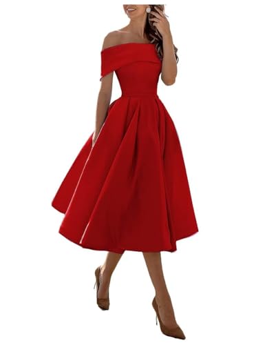 BessDress Schulterfreies Brautjungfernkleid mit Taschen, A-Linie, Midi-Heimkehrkleid, Satin-Cocktailkleid, BS234, rot (a), 32 von BessDress