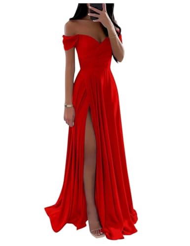 BessDress Schulterfreies Brautjungfernkleid mit hohem Schlitz, Satin, langes Ballkleid, A-Linie, Abendkleid, BS242, rot (a), 38 von BessDress