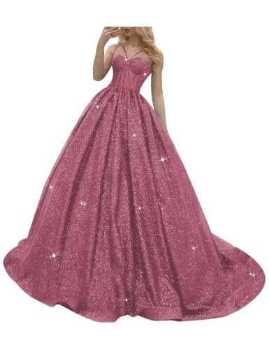 BessDress Spaghettiträger Ballkleid für Damen, Glitzer, formelles Abendkleid, A-Linie, langes Ballkleid PM202, A-Desert Rose, 50 von BessDress