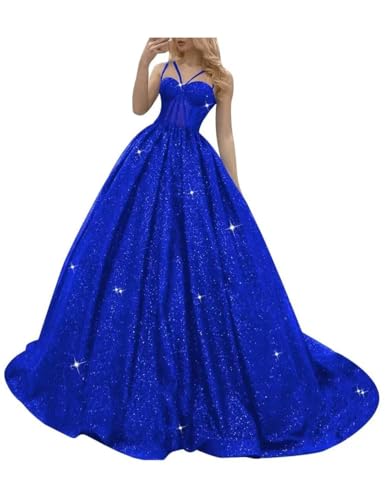 BessDress Spaghettiträger Ballkleid für Damen, Glitzer, formelles Abendkleid, A-Linie, langes Ballkleid PM202, A-royal blau, 32 von BessDress