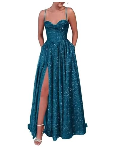 BessDress Spaghettiträger Ballkleid mit Schlitz Glitzer Lang Hochzeit Gäste Kleid A Linie Cocktailkleid PM271, A-Pfau, 50 von BessDress