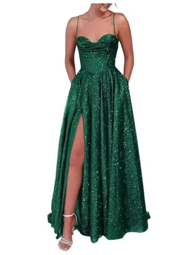 BessDress Spaghettiträger Ballkleid mit Schlitz Glitzer Lang Hochzeit Gäste Kleid A Linie Cocktailkleid PM271, A-smaragdgrün, 34 BessDress Spaghettiträger Ballkleid mit Schlitz Glitzer Lang Hochzeit Gäste Kleid A Linie Cocktailkleid PM271, A-smaragdgrün, 34 von BessDress