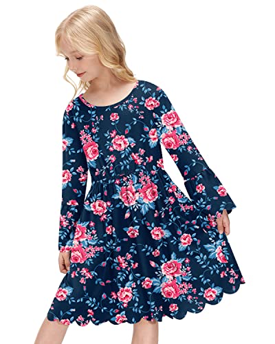 BesserBay A-Linie Langarm Kleid für Mädchen Einfarbig Freizeitkleid Kinder Frühling mit Wellenförmige Bündchen und Rockabschluss 130 von BesserBay