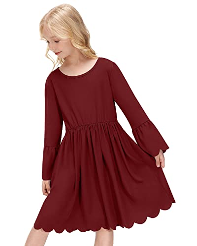 BesserBay A-Linie Langarm Kleid für Mädchen Einfarbig Freizeitkleid Kinder Frühling mit Wellenförmige Bündchen und Rockabschluss 130 von BesserBay