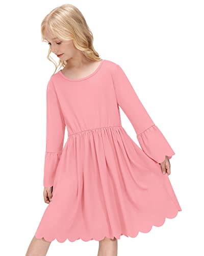 BesserBay A-Linie Langarm Kleid für Mädchen Einfarbig Freizeitkleid Kinder Frühling mit Wellenförmige Bündchen und Rockabschluss 130 von BesserBay