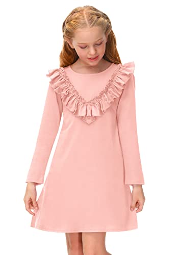 BesserBay A-Linie Süße Kleid Mädchen Lang Ärmeln Kleid T-Shirt Kleid Einfarbig Freizeitkleid Kinder Herbst Winter Rundhals mit Ruffle Rosa 130 von BesserBay