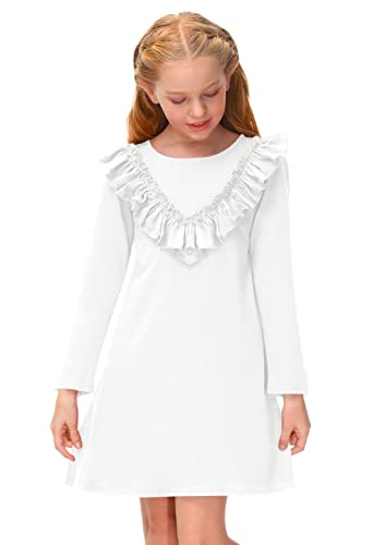 BesserBay A-Linie Süße Kleid Mädchen Lang Ärmeln Kleid T-Shirt Kleid Einfarbig Freizeitkleid Kinder Herbst Winter Rundhals mit Ruffle Weiß 110 von BesserBay