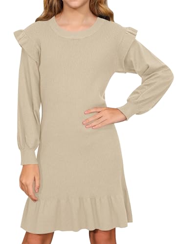 BesserBay Abendkleider Bequem Winter Kleid Mädchen Pulloverbündchen Volantärmel Puffärmel Strickkleid Mädchen Beige 130 von BesserBay