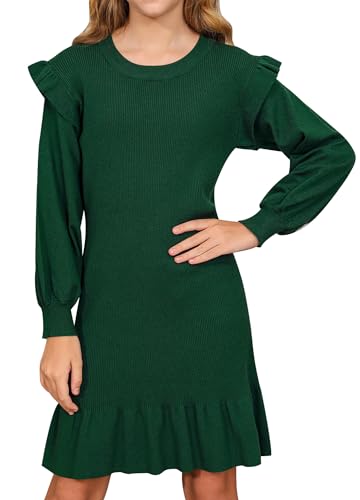 BesserBay Abendkleider Rüsche Bequem Strickkleid Mädchen Pullover Kleid Puffärmel Volantärmel Kleider Mädchen Grün 120 von BesserBay