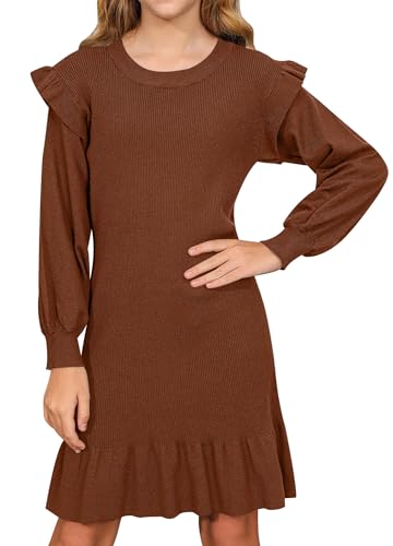 BesserBay Abendkleider Volantärmel Pulloverbündchen Kleid Mädchen Rüsche Elegant Rundhalsausschnitt Strickkleid Mädchen Braun 140 von BesserBay