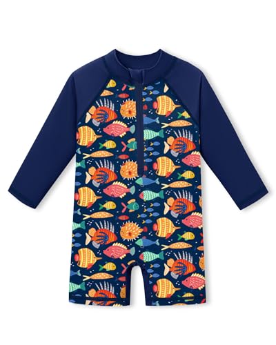 BesserBay Baby Langarm UV Shirt mit Zip UPF 50+ Stehkragen Badeanzug mit Knöpfen Blau Fische 24-36 Monate von BesserBay