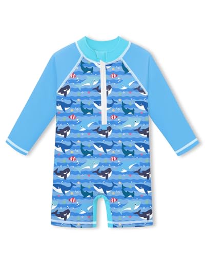 BesserBay Baby Langarm UV Shirt mit Zip UPF 50+ Stehkragen Badeanzug mit Knöpfen Haie Blau 12-18 Monate von BesserBay