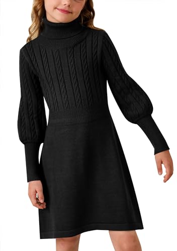 BesserBay Bequem Abendkleider Volantärmel Kleid Mädchen Pullover Kleid Rolleragen Pulloverbündchen Strickkleid Mädchen Schwarz 120 von BesserBay