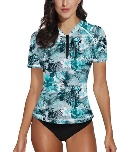 BesserBay Damen Atmungsaktiv Schwimmshirt UV Shirt UPF 50+ Sonnenschutz 1/4 Zip Blau Schwarz Kurzarm Rash Guard L von BesserBay