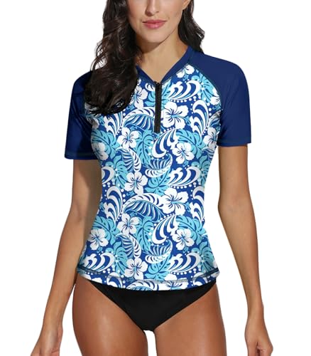 BesserBay Damen Badeanzug Rash Guard mit Kurzarm und 1/4 Zip Surf Schwimmen Tankini UPF 50+ S von BesserBay