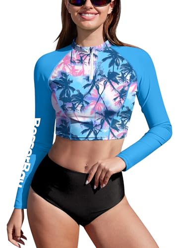 BesserBay Damen Bademode Badeshirts Surf Shirt Langarm 1/4 Zip Bauchfrei UV Shirts Blau UPF 50+ Rash Guard S von BesserBay