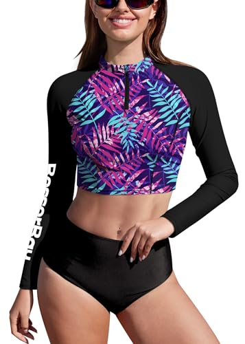 BesserBay Damen Bademode Badeshirts Surf Shirt UPF 50+ Bauchfrei UV Shirts Violett Schwarz 1/4 Zip Rash Guard S von BesserBay