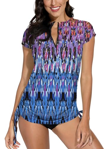 BesserBay Damen Bademode Rash Guard UV Shirts Kurzarm Schwimmshirt UPF 50+, Blau Totem Muster, Gr.42 EU/XL von BesserBay