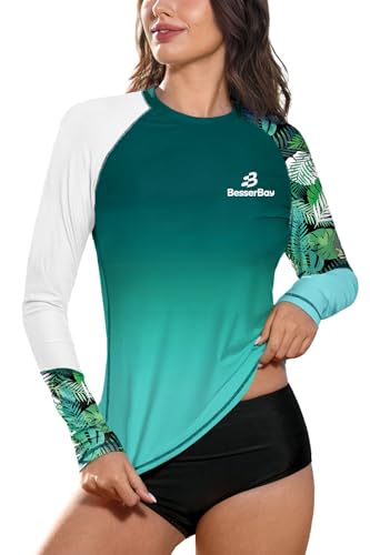 BesserBay Damen Badeshirt Oberteil UV Shirt Rundhals UPF 50+ Sonnenschutz Langarm Rash Guard Grün Blätter XL von BesserBay