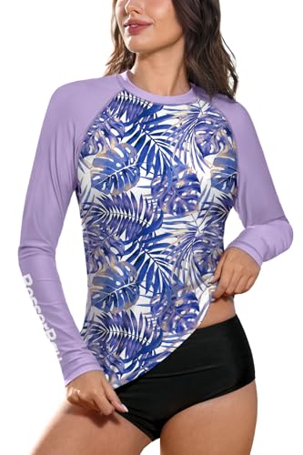 BesserBay Damen Badeshirt Oberteil UV Shirt Rundhals UPF 50+ Sonnenschutz Langarm Rash Guard Violett Blätter XL von BesserBay