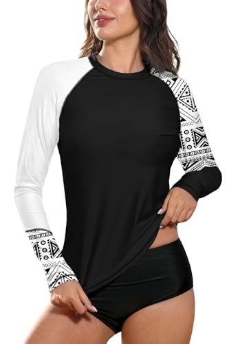 BesserBay Damen Badeshirt Oberteil UV Shirt Rundhals UPF 50+ Sonnenschutz Schwarz Weiß Langarm Rash Guard XL von BesserBay
