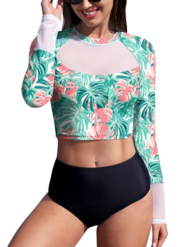 BesserBay Damen Badeshirts Bademode Surf Shirt Bauchfrei UV Shirts Sonnenschutz UPF 50+ Grün Langarm Rash Guard S von BesserBay