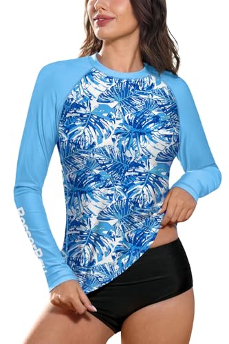 BesserBay Damen Bequem Druck UV Shirt Langarm Rundhals UPF 50+ Sonnenschutz Rash Guard Blau Laub XL von BesserBay