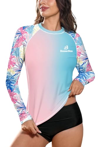 BesserBay Damen Bequem Druck UV Shirt Langarm Rundhals UPF 50+ Sonnenschutz Rash Guard Rosa Blau Blätter L von BesserBay