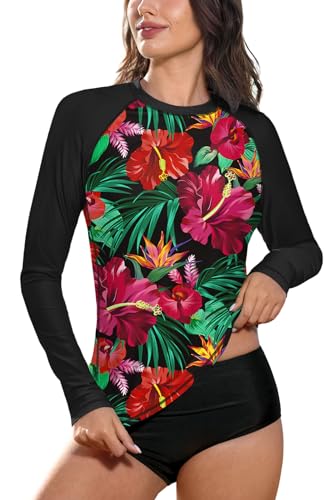 BesserBay Damen Bequem Druck UV Shirt UPF 50+ Sonnenschutz Rundhals Schwarz Blumen Langarm Rash Guard XL von BesserBay