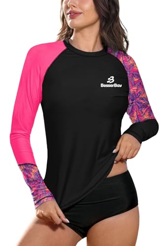 BesserBay Damen Bequem Druck UV Shirt UPF 50+ Sonnenschutz Rundhals Schwarz Rosarot Langarm Rash Guard XXL von BesserBay