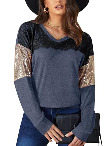 BesserBay Damen Bequem Langarmshirt V-Ausschnitt mit Schwarzer Spitze Sweatshirt Blau M von BesserBay