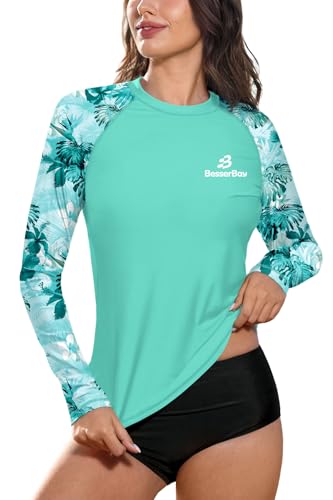 BesserBay Damen Druck Bequem UV Shirt Blau Langarm UPF 50+ Sonnenschutz Rundhals Rash Guard XL von BesserBay